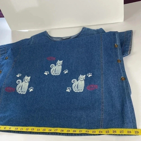 Cat lover Vtg denim short sleeve scoop neck embroidered side slit maxi dress XXL - Picture 15 of 17